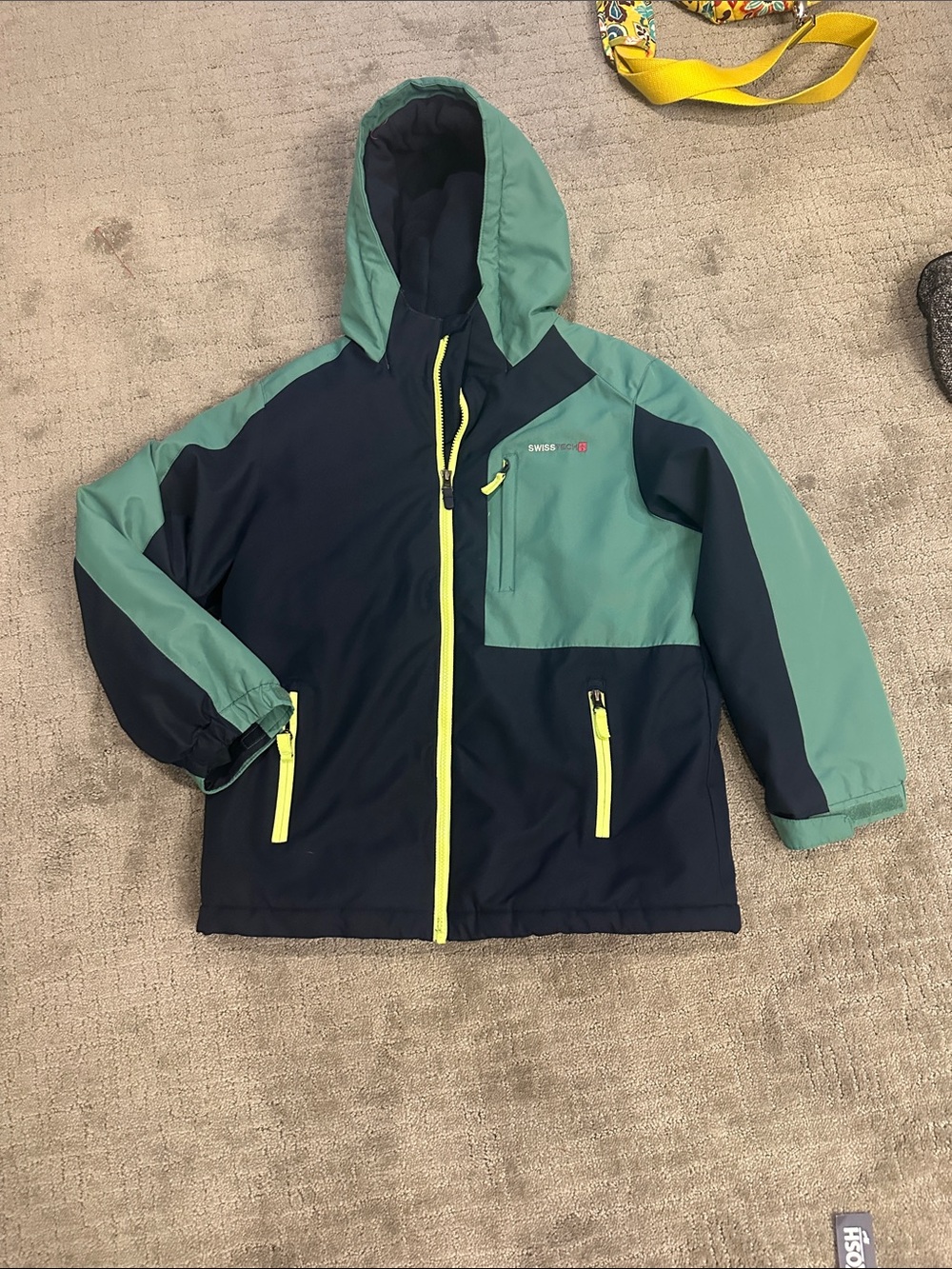 Swiss Tech Kids Navy and Teal Hooded Rain Jacket with Neon Zippers